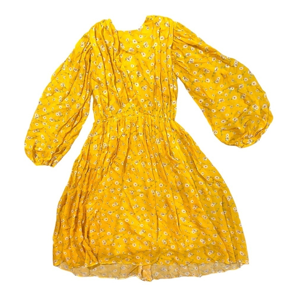 Alcoolique 100% Silk Floral Midi Dress Romantic Puff Sleeve Daisy Sz 40